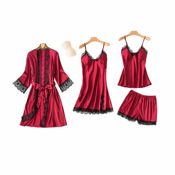 Women Wine 4pcs Pajama Set Cami Top Robe Sexy Nightdress with Chest Pads